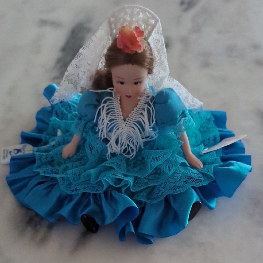 Marín Spanish porcelain doll, Flamenco Blue,  collectible item 9 Inches